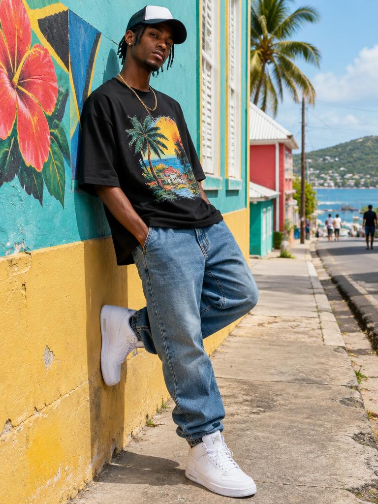 Young man in an oversized black graphic tee, loose jeans, white sneakers and a trucker cap