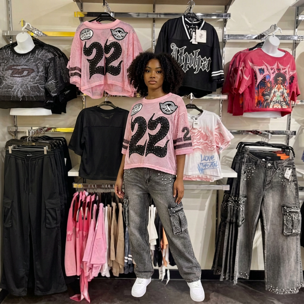 Young woman in a cropped pink mesh jersey, grey baggy cargo jeans and chunky white sneakers